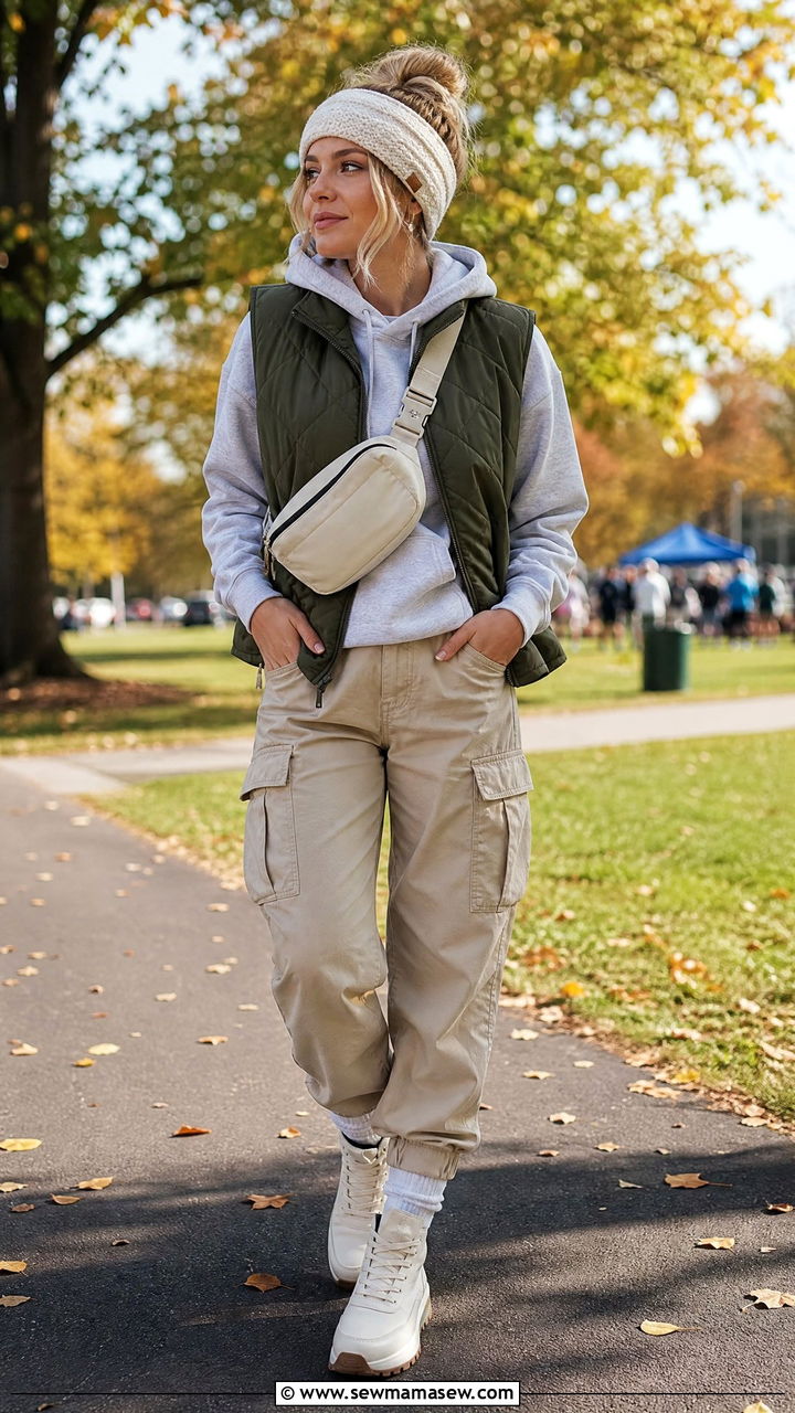 Quilted vest over hoodie with cargo pants - 25 Football game outfit ideas cold