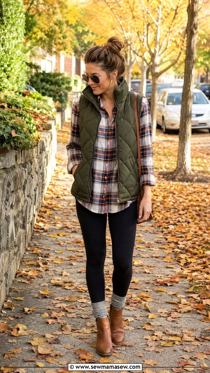 Quilted vest over plaid button down shirt outfit - 30 casual Pinterest outfits