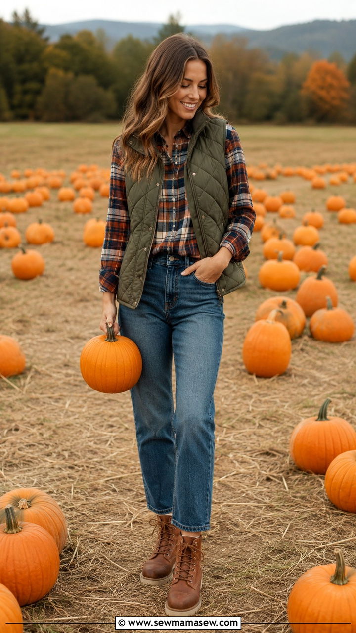 Quilted vest with a plaid flannel and straight leg jeans - 30 Pumpkin carving party outfit ideas