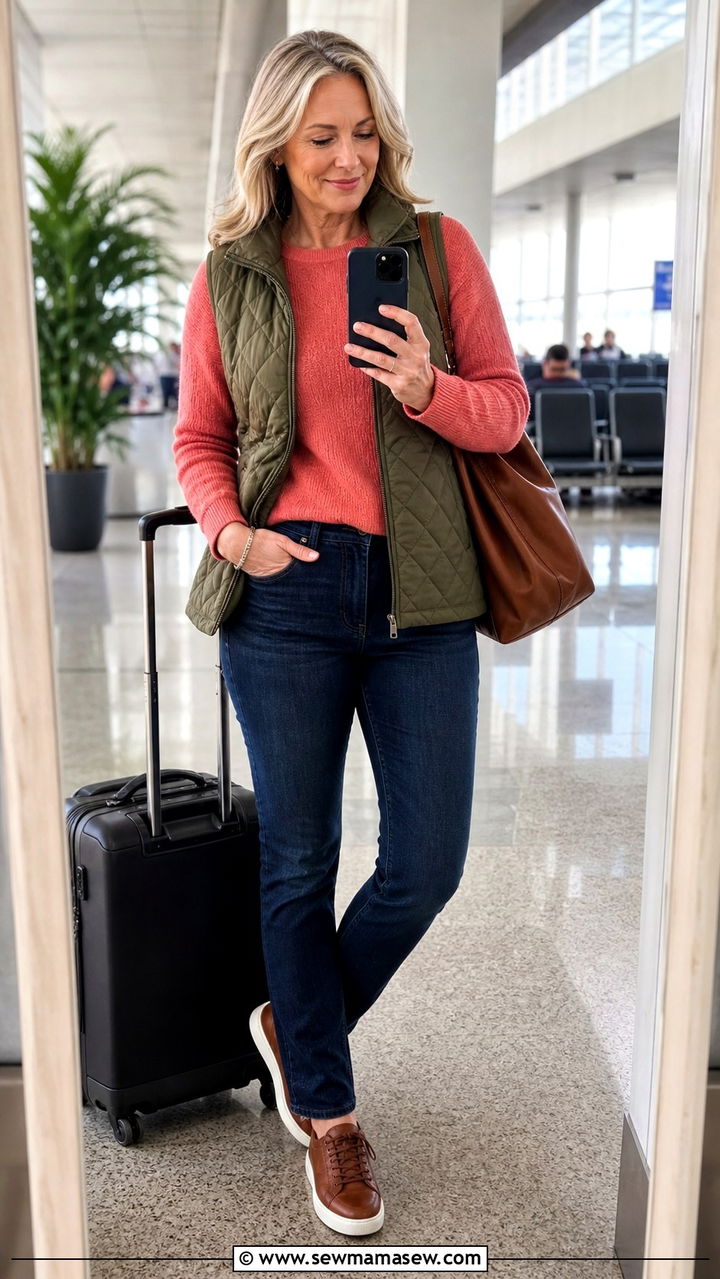 Quilted vest with knit top and comfortable jeans for casual travel days - 20 Airport outfit ideas for women over 60