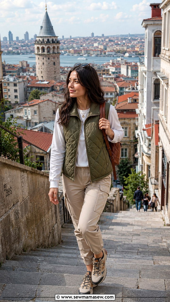 Quilted vest with long sleeve tee and cargo pants Istanbul transitional outfit - 30 Istanbul outfit ideas