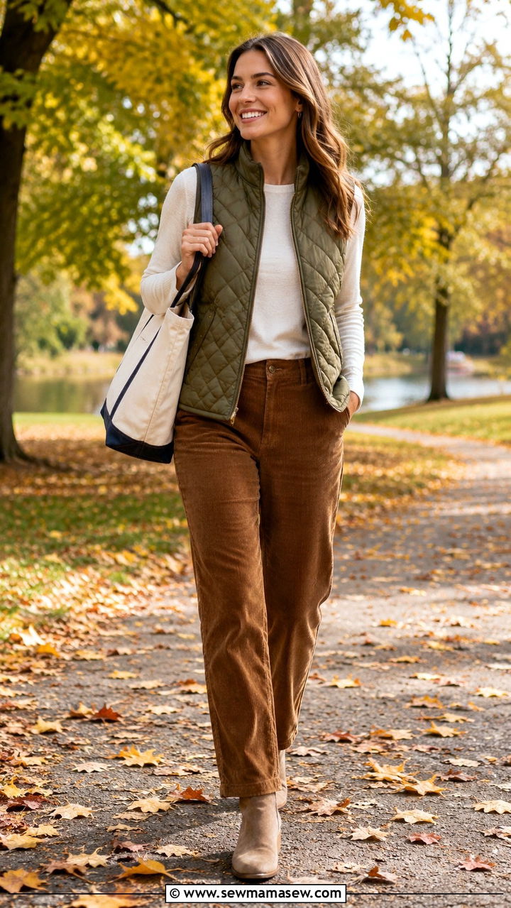 Quilted vest with long sleeve tee and corduroy pants - 30 Grandma chic outfit ideas