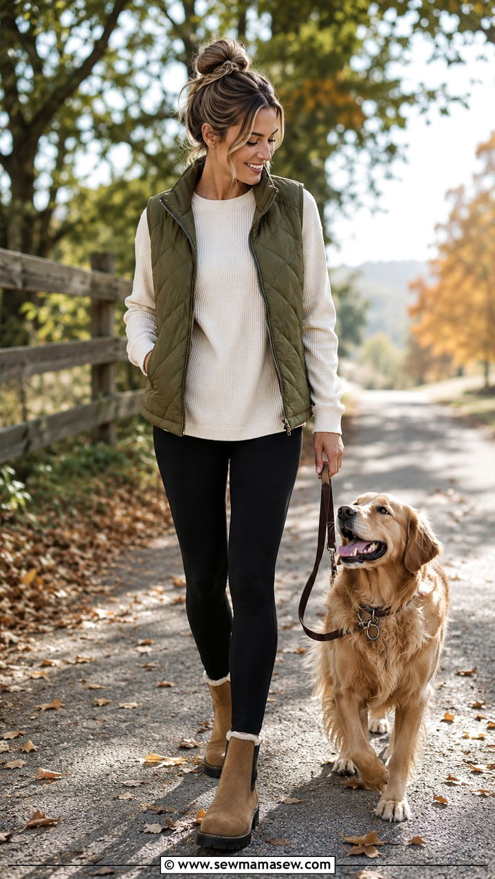 Quilted vest with long sleeve tee and leggings - 25 nurse off duty outfit ideas