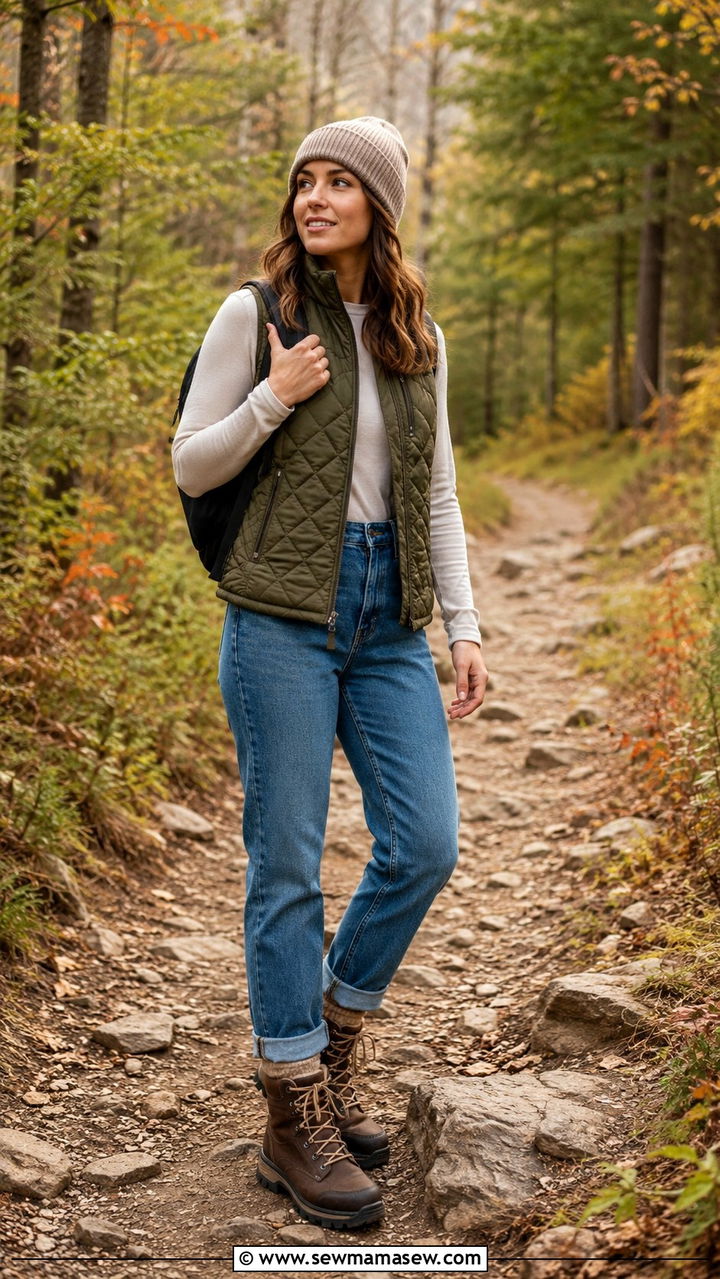 Quilted vest with mom jeans and hiking style boots - 30 How to style mom jeans