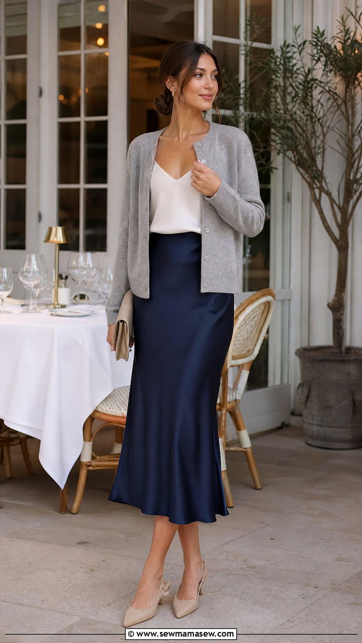 Quince Cashmere Cardigan And Silk Midi Skirt Old Money Outfit - 30 Old money outfit ideas from Quince