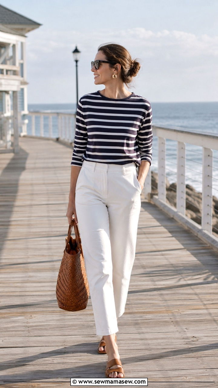 Quince Striped Sweater And White Trousers Old Money Summer Outfit - 30 Old money outfit ideas from Quince