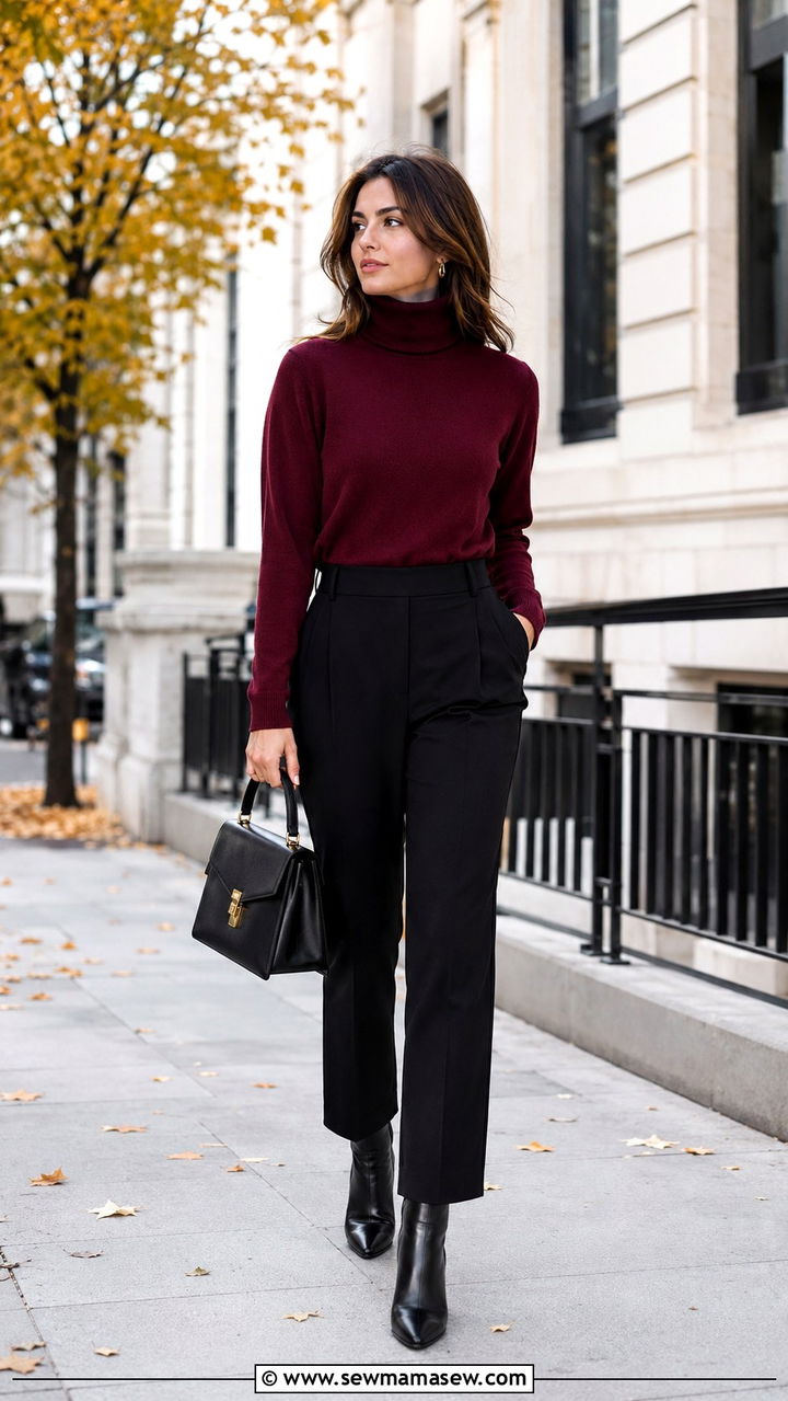 Quince burgundy cashmere turtleneck and black tailored trousers - 20 Quiet luxury Quince outfit ideas
