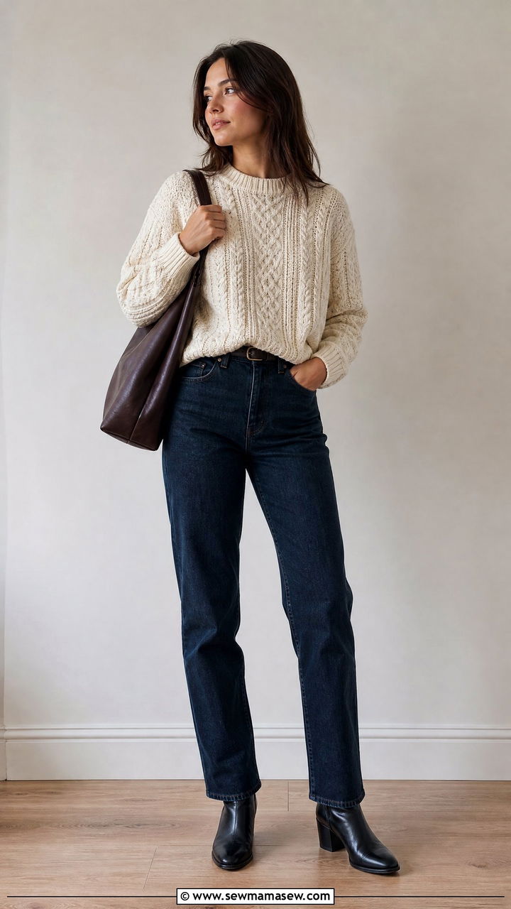 Quince cable knit cotton sweater and dark wash jeans with ankle boots - 20 Quiet luxury Quince outfit ideas