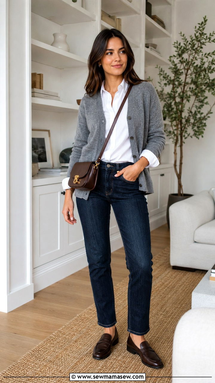 Quince cardigan and oxford shirt with dark jeans outfit - 20 Quiet luxury Quince outfit ideas