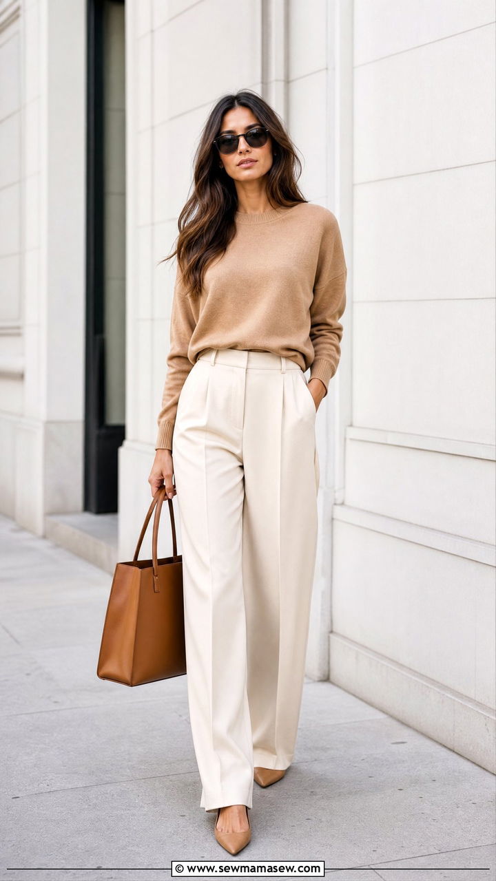 Quince cashmere crewneck sweater and wide leg trousers outfit - 20 Quiet luxury Quince outfit ideas