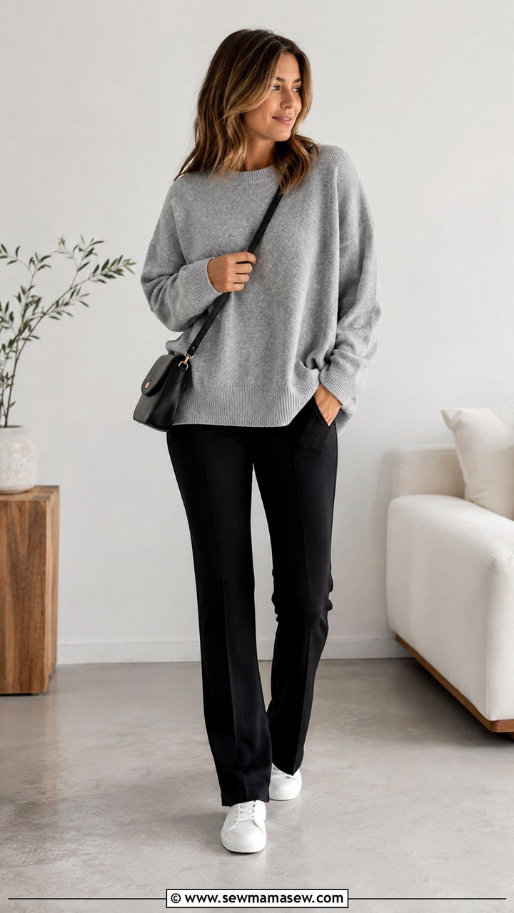 Quince cashmere oversized sweatshirt and black ponte pants - 20 Quiet luxury Quince outfit ideas
