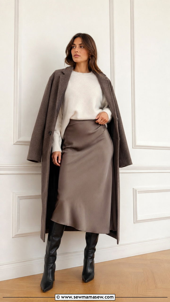 Quince cashmere sweater and satin slip skirt with knee high boots - 20 Quiet luxury Quince outfit ideas