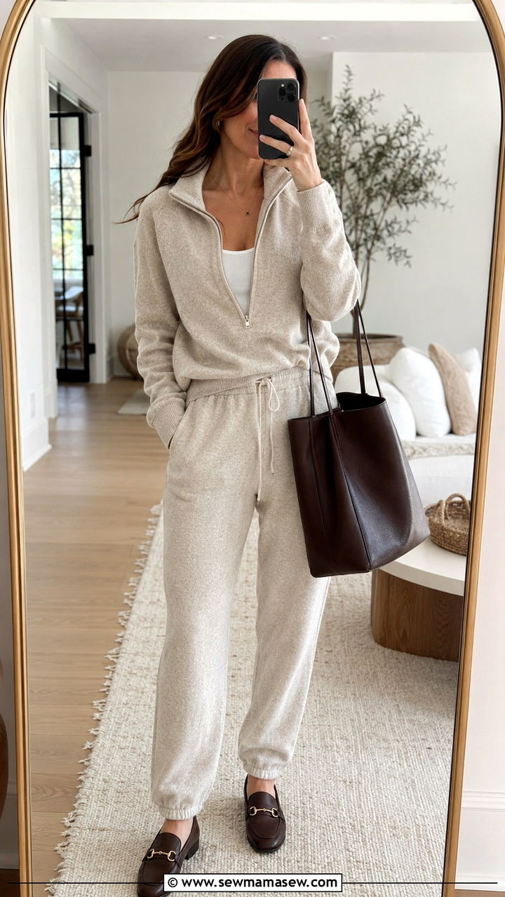 Quince cashmere sweatpants matching set with tank top and loafers - 20 Quiet luxury Quince outfit ideas