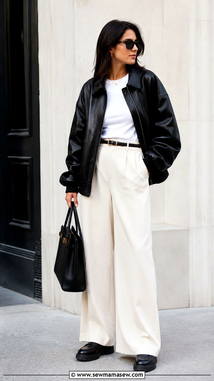 Quince leather bomber jacket and wide leg trousers outfit - 20 Quiet luxury Quince outfit ideas