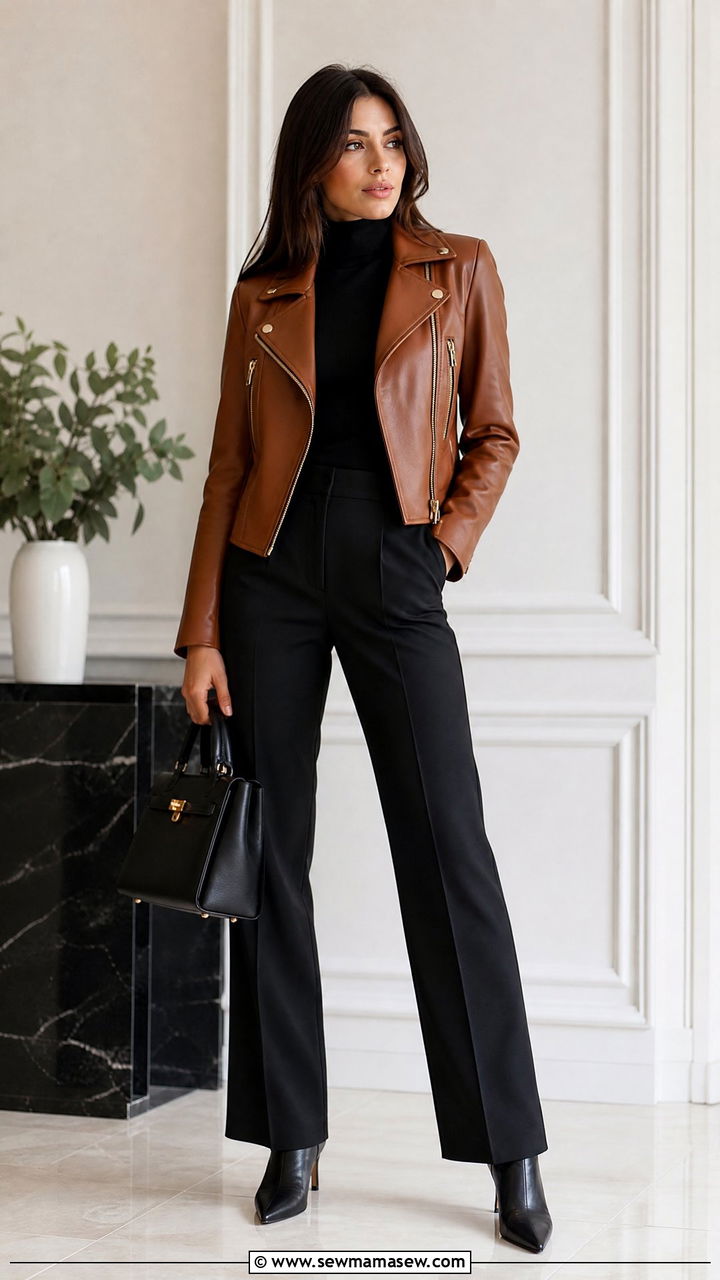 Quince leather moto jacket and black tailored trousers outfit - 20 Quiet luxury Quince outfit ideas