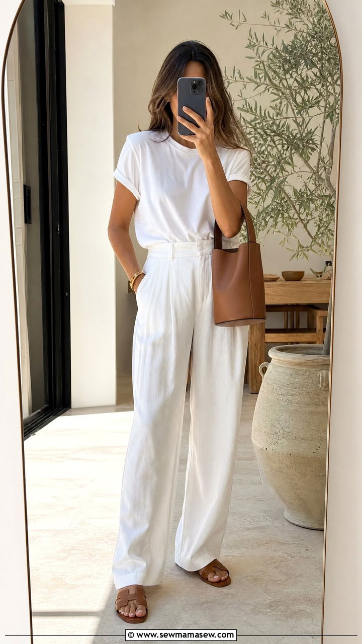 Quince linen trousers and white organic cotton tee outfit - 20 Quiet luxury Quince outfit ideas