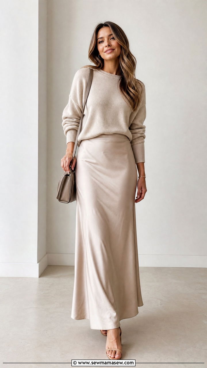 Quince silk maxi skirt and cashmere crewneck sweater outfit - 20 Quiet luxury Quince outfit ideas