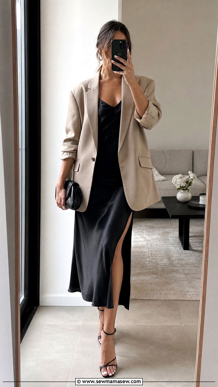 Quince silk slip dress with blazer and strappy heels - 20 Quiet luxury Quince outfit ideas