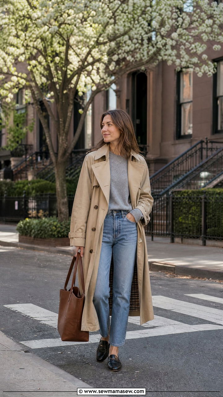 Quince trench coat and cashmere sweater with straight leg jeans - 20 Quiet luxury Quince outfit ideas