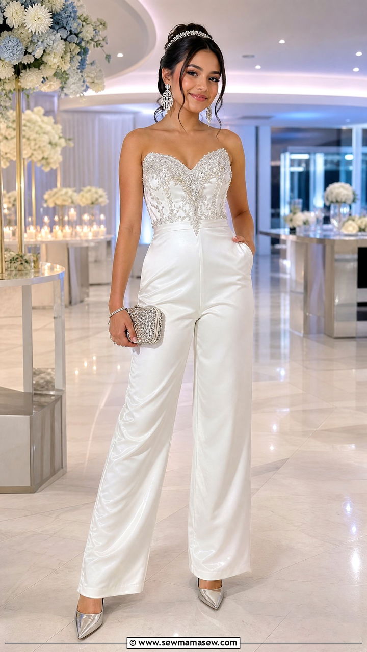 Quinceanera jumpsuit with statement earrings and clutch - 25 Quinceanera outfit ideas