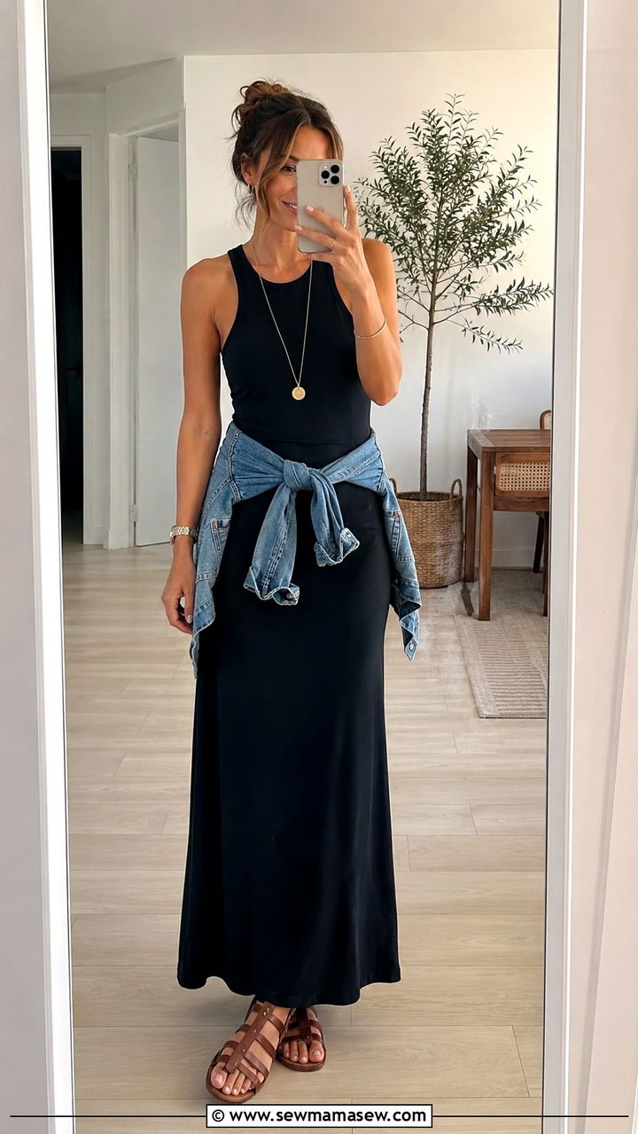 Racerback maxi dress with flat gladiator sandals - 30 July outfit ideas 2026