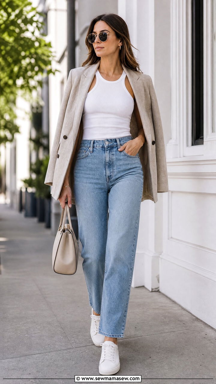 Racerback tank with high waisted jeans and a blazer - 25 Outfit ideas to flatter back