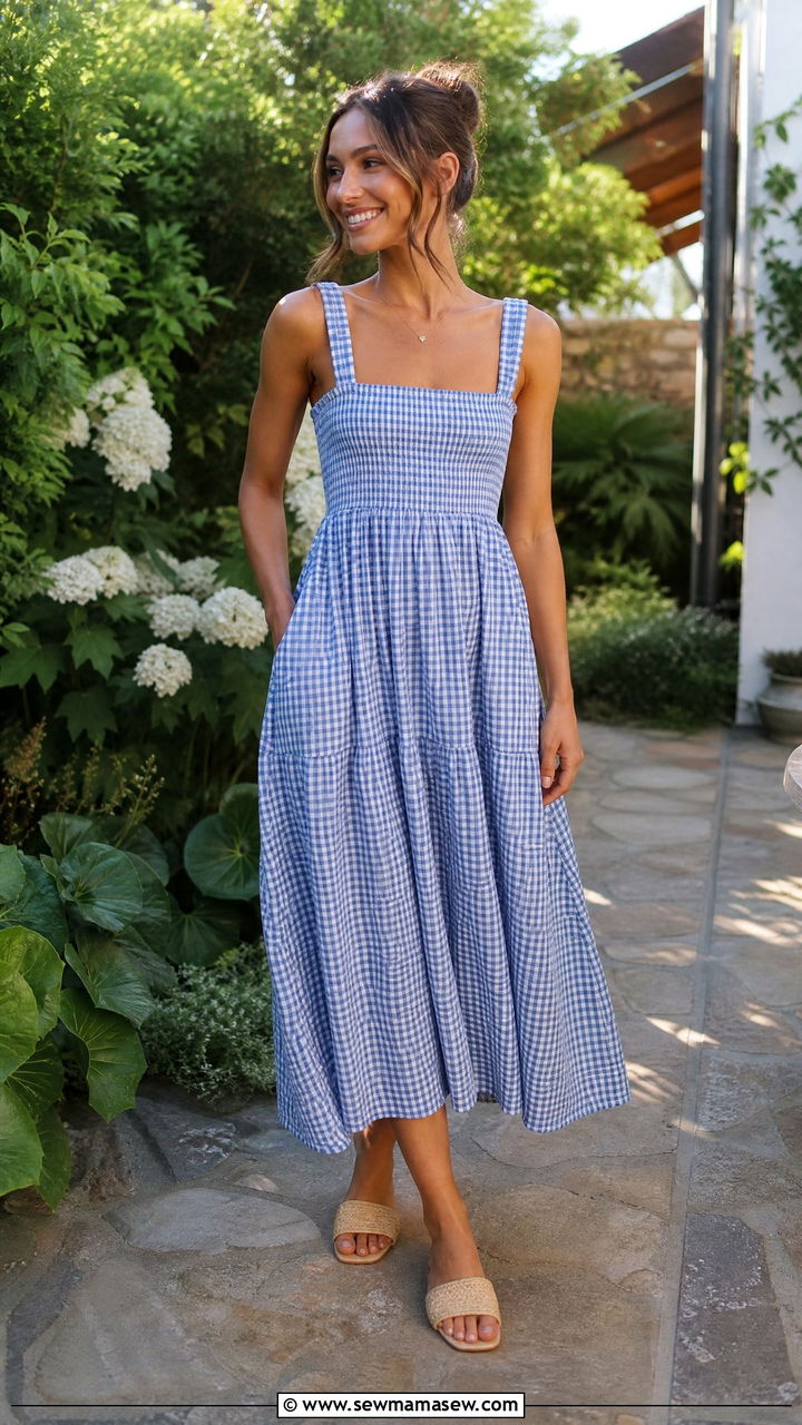 Raffia Slides With A Gingham Smock Dress - 30 Summer outfits with slip ons