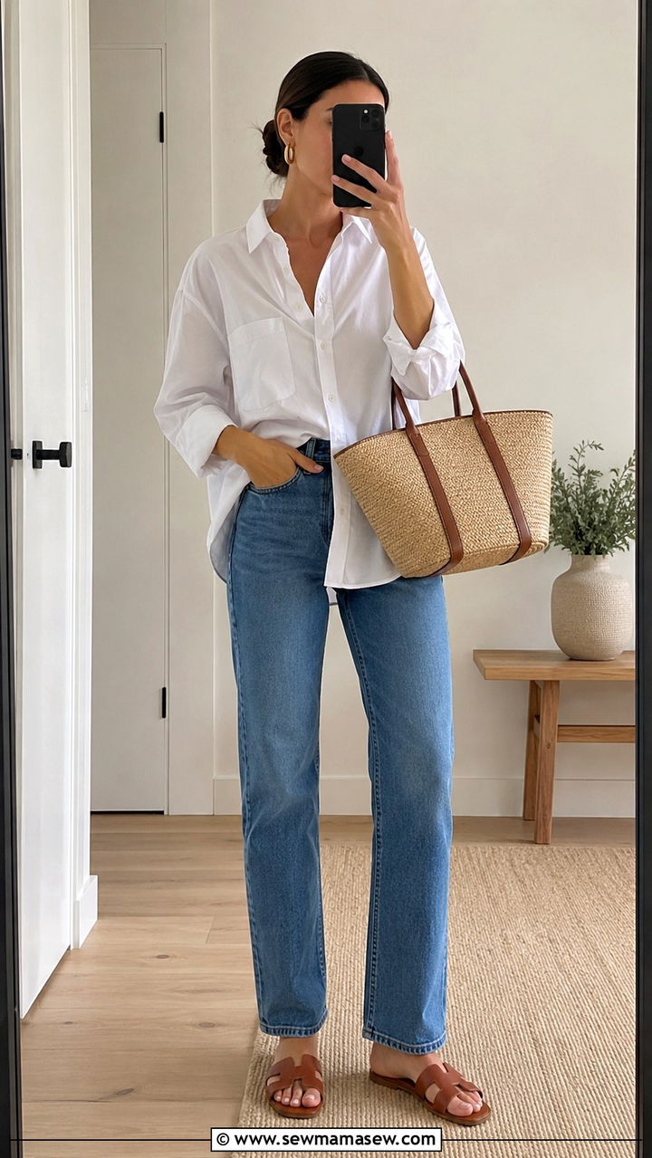 Raffia Tote With White Button Down And Jeans - 20 Tote bag outfit ideas 2026