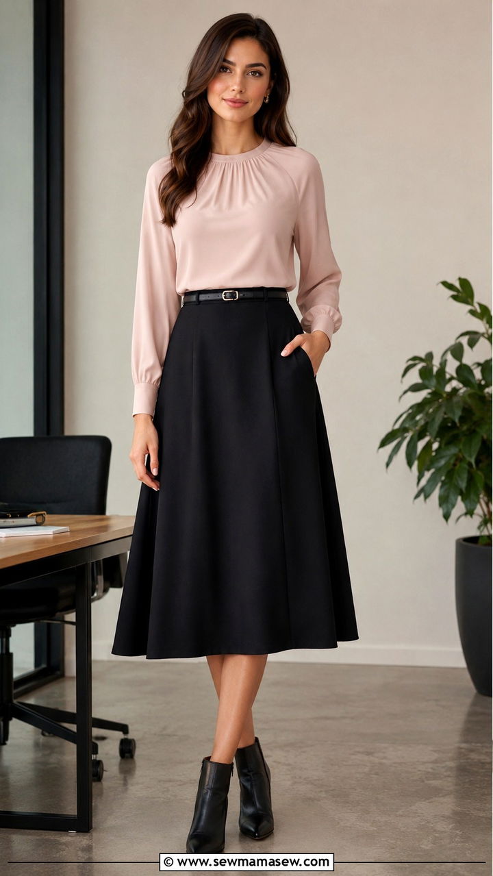 Raglan Sleeve Blouse and A Line Skirt - 30 Outfit ideas for broad shoulders