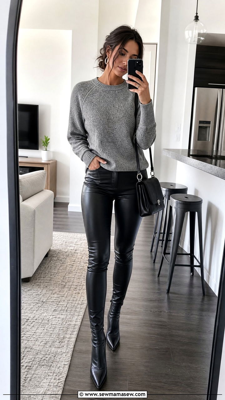 Raglan Sleeve Sweater with Faux Leather Pants - 25 Outfits for narrow shoulders