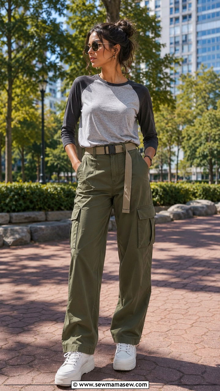 Raglan Sleeve Tee With Cargo Pants - 20 Outfit ideas for inverted triangle body