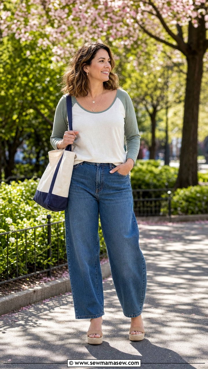 Raglan Sleeve Top With Barrel Leg Jeans Spring Outfit - 25 Spring outfits for inverted triangle shape