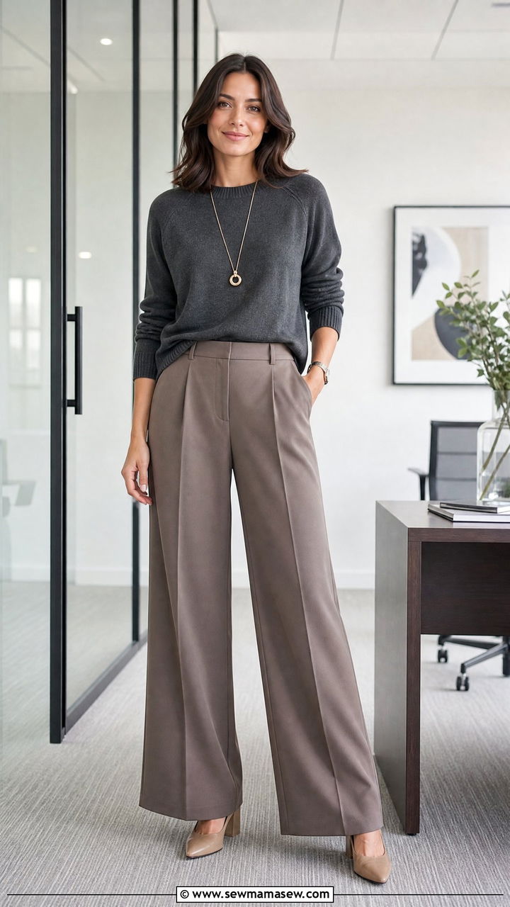 Raglan sleeve knit with tailored wide leg pants - 25 Outfit ideas to flatter shoulders