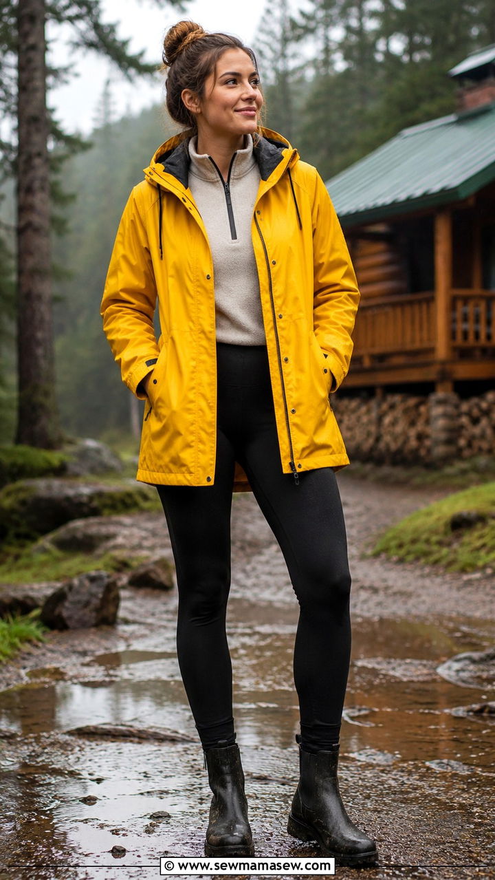 Rain Jacket Outfit with Thermal Leggings and Waterproof Boots - 30 Spring cabin weekend outfits
