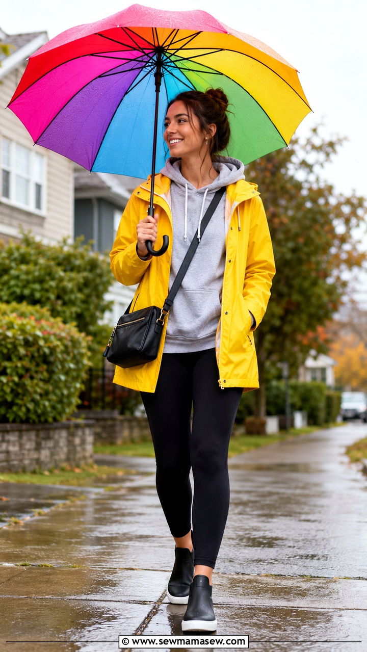 Rain Jacket Over a Hoodie and Black Leggings - 30 transitional rainy day outfit ideas