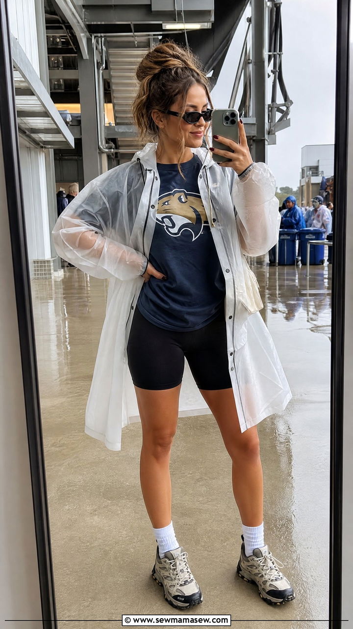 Rain Poncho Over Team Tee And Biker Shorts - 25 Gameday outfit ideas rainy weather