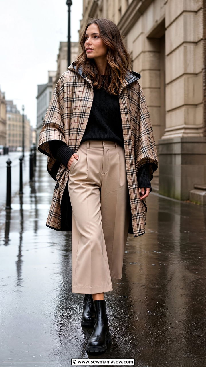 Rain Poncho With Culotte Pants and Ankle Boots - 30 rainy day outfits casual