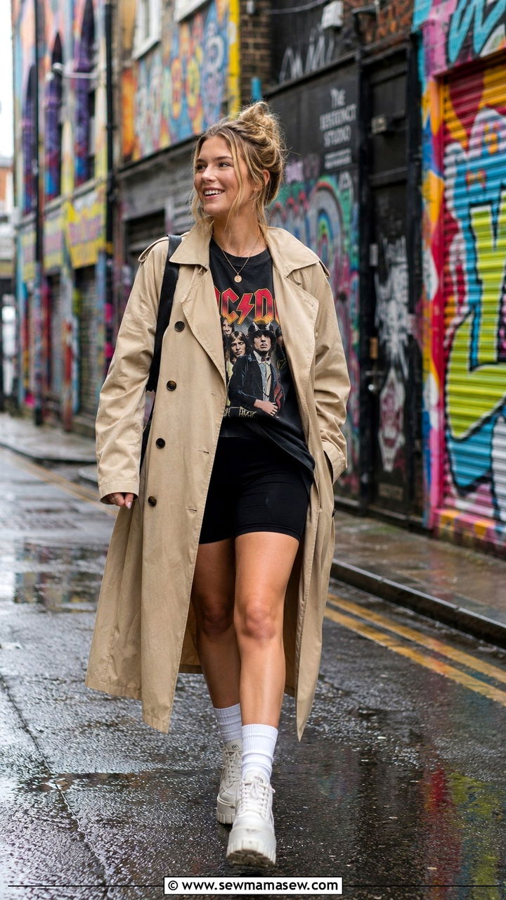 Rain Trench With Bike Shorts And Knee High Socks - 30 Rainy day travel outfit ideas