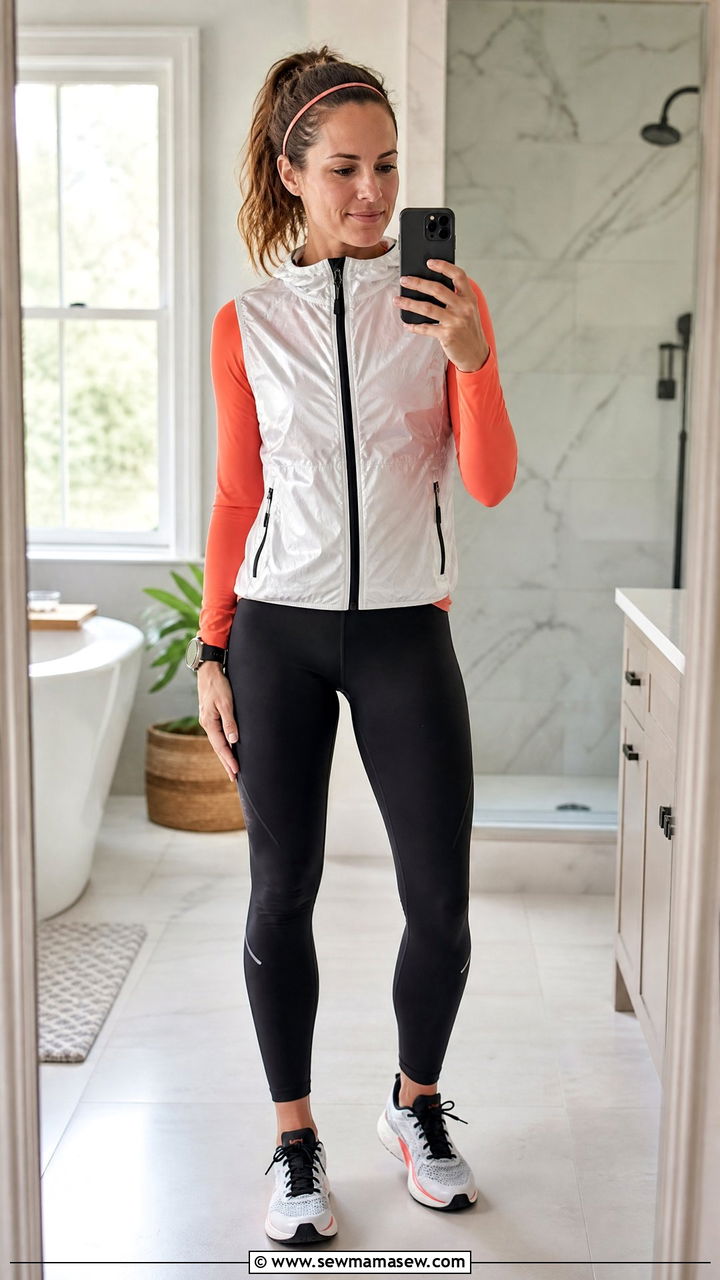 Rain Vest With LongSleeve Base Layer and Tights - 25 Running outfit ideas rainy weather