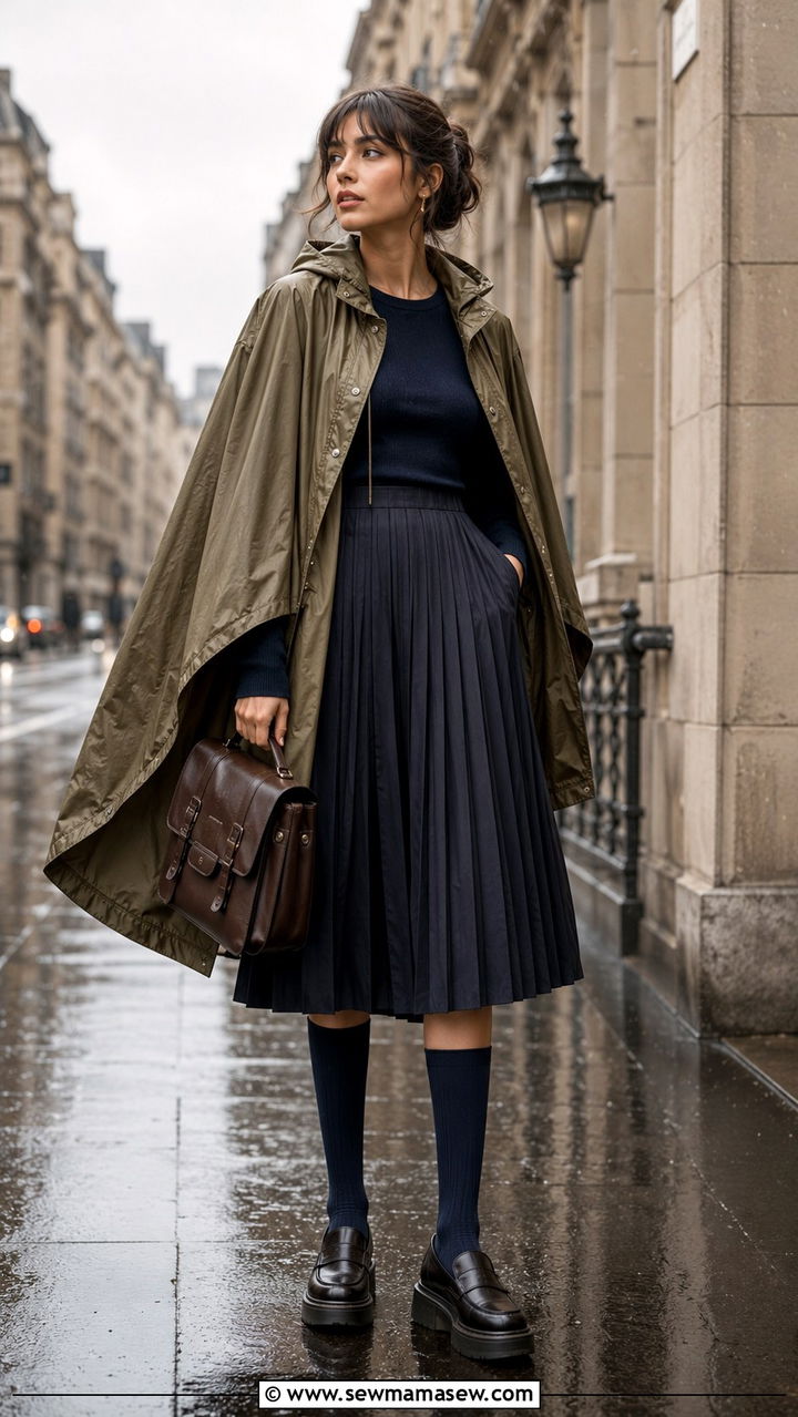 Rain cape with pleated midi skirt and platform loafers - 30 Overcast day outfit ideas