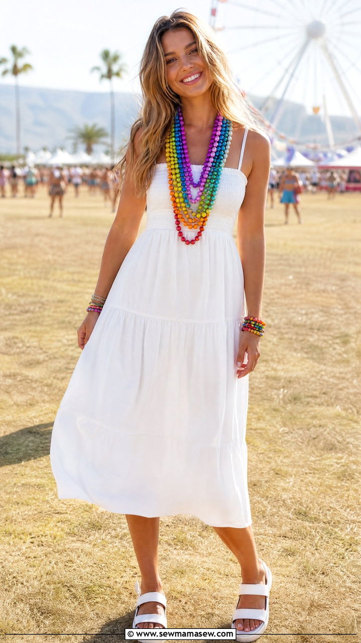 Rainbow Beaded Necklace Over A White Sundress - 40 summer outfits 2026