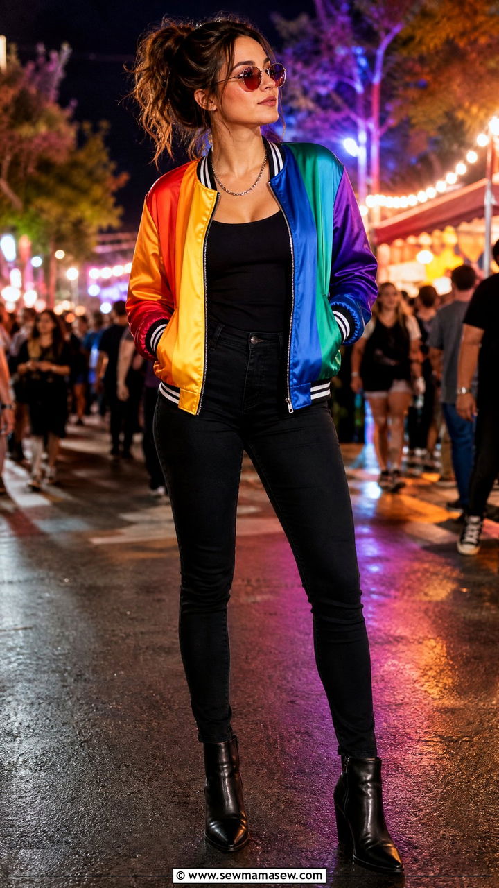 Rainbow Bomber Jacket and Black Jeans Outfit - 25 June Pride outfit ideas