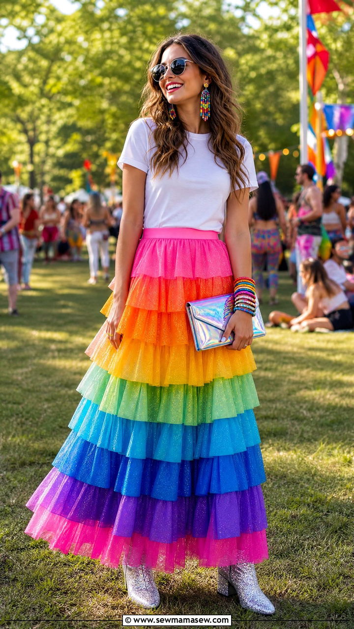 Rainbow Layered Multicolored Skirt with Glittery Boots Outfit - 35 maximalist outfits aesthetic