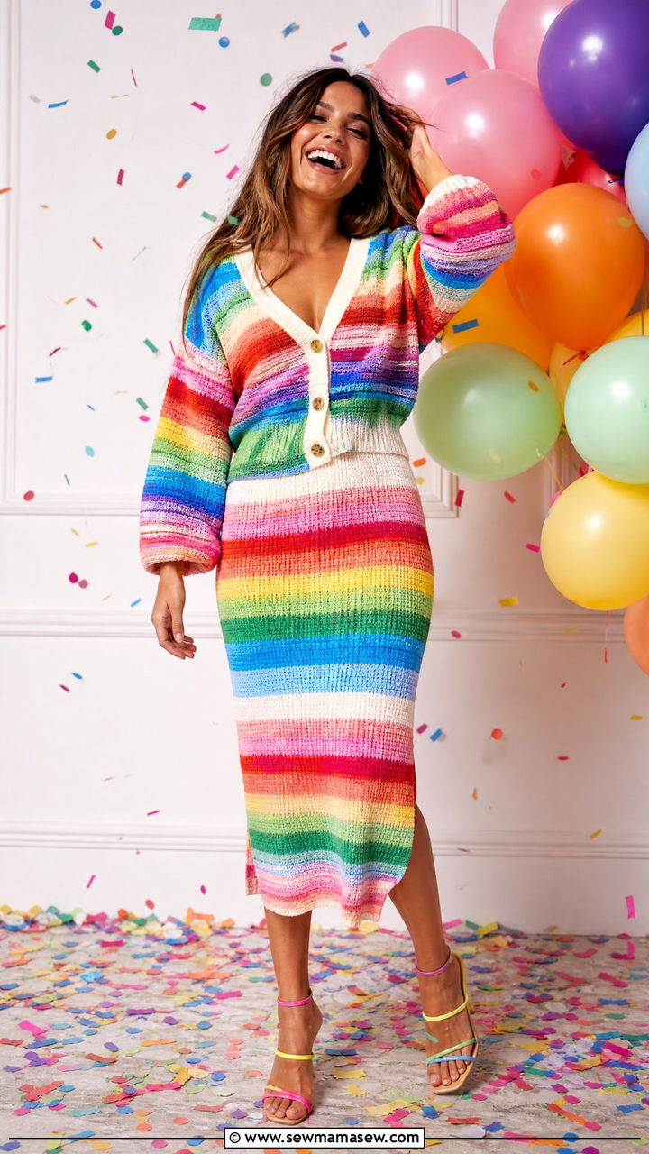 Rainbow Stripe Knit Cardigan And Midi Skirt Coord Set For Birthday - 30 Coord set outfit ideas for birthday