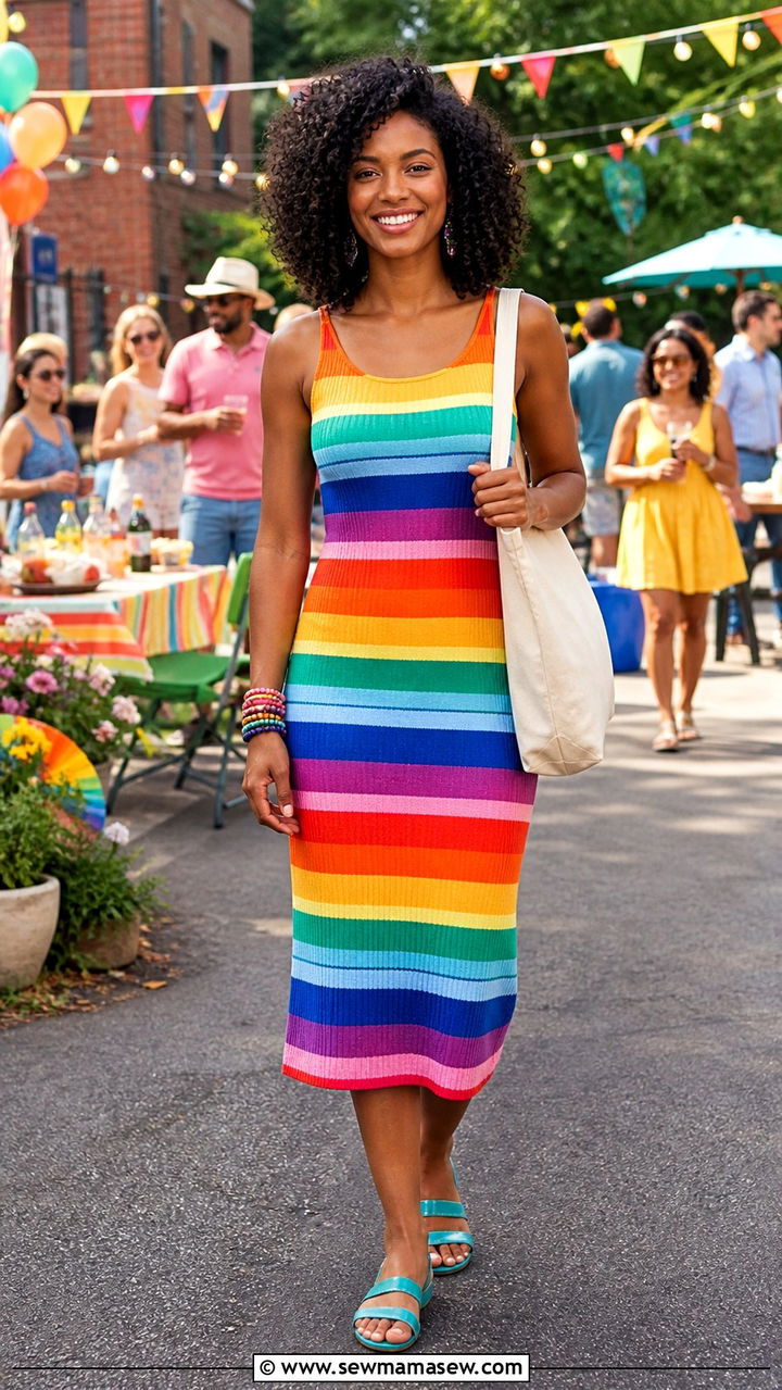 Rainbow Striped Knit Dress With Colorful Sandals - 40 summer dress outfit ideas