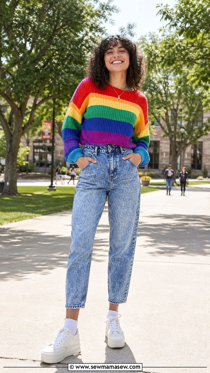 Rainbow Striped Sweater with Acid Wash Jeans and Platform Sneakers Outfit - 40 First day of school outfit ideas 2026