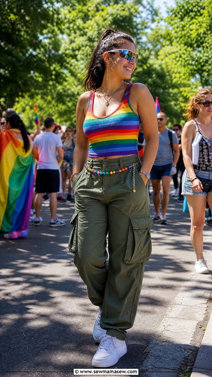 Rainbow Tank Top and Cargo Pants Outfit - 25 June Pride outfit ideas