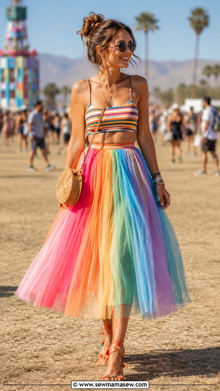 Rainbow Tulle Midi Skirt with a Striped Crop Top - 20 Tulle skirt outfit ideas with a crop top