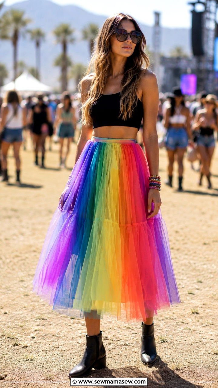 Rainbow Tulle Skirt With Crop Top And Ankle Boots - 30 Tulle skirt outfit ideas for summer