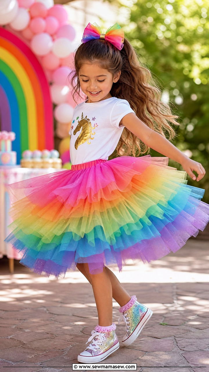 Rainbow Tutu Birthday Skirt and Custom Top - 30 Kids birthday outfit ideas